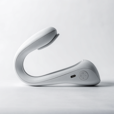 MotiThera Neck Relax neck massager, side profile showing USB-C port and power controls