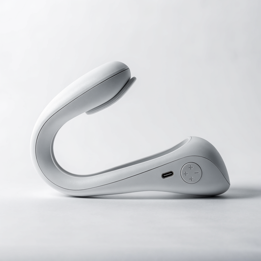 MotiThera Neck Relax neck massager, side profile showing USB-C port and power controls