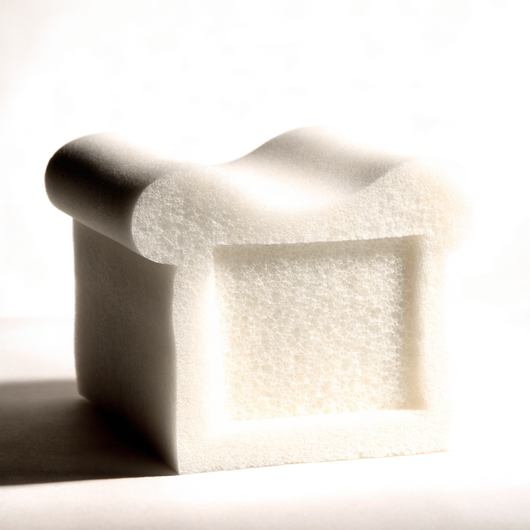 Cut cross-section of the pillow showing dense open-cell viscoelastic foam structure and the sculpted zone profile.