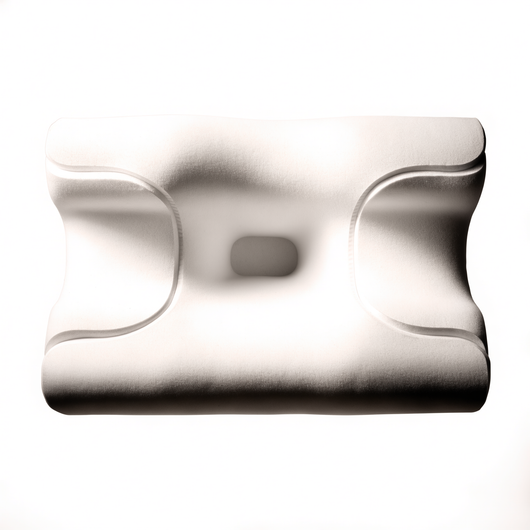 Overhead view of the pillow showing the symmetric zone layout and the ear depression in each outer wing.